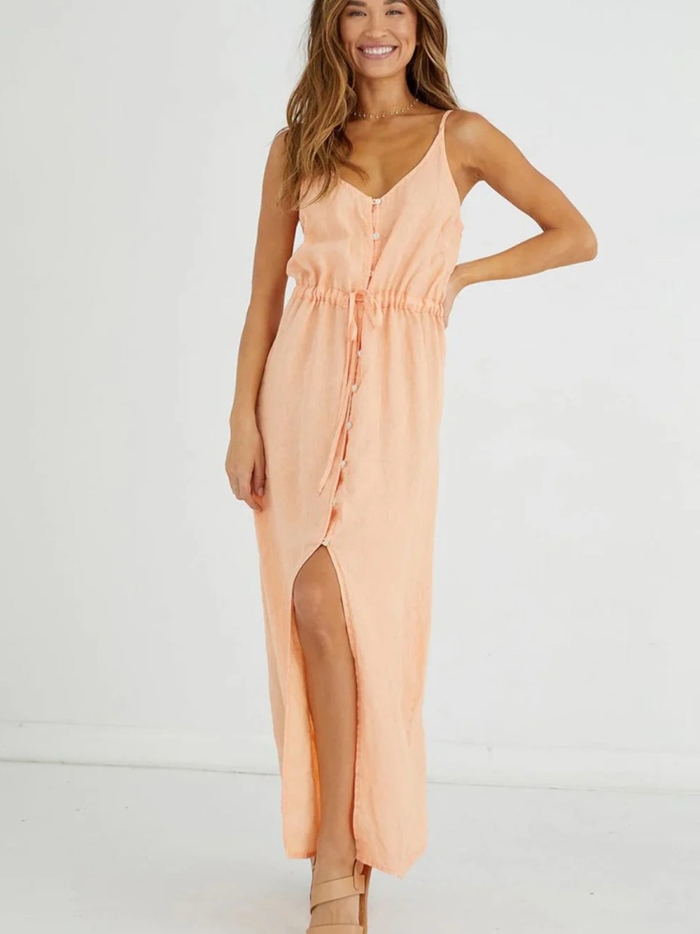 Bella Dahl Rust Light Brown linen Button-Front Maxi Dress with Drawstring Waist